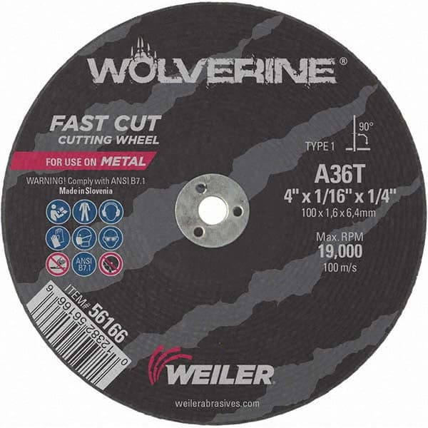 Weiler - 4 x 1/16, 1/4" Hole 36 Grit Aluminum Oxide Cutoff Wheel - Industrial Tool & Supply