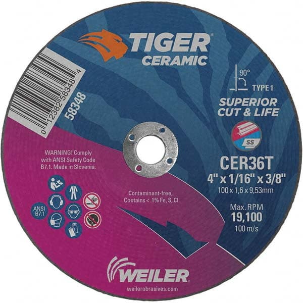 Weiler - 4 x 1/16, 3/8" Hole 36 Grit Ceramic Alumina Cutoff Wheel - Industrial Tool & Supply