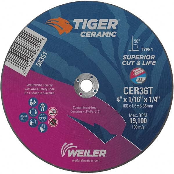 Weiler - 4 x 1/16, 1/4" Hole 36 Grit Ceramic Alumina Cutoff Wheel - Industrial Tool & Supply