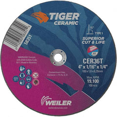 Weiler - 4 x 1/16, 1/4" Hole 36 Grit Ceramic Alumina Cutoff Wheel - Industrial Tool & Supply