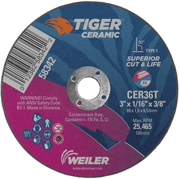 Weiler - 3 x 1/16, 3/8" Hole 36 Grit Ceramic Alumina Cutoff Wheel - Industrial Tool & Supply