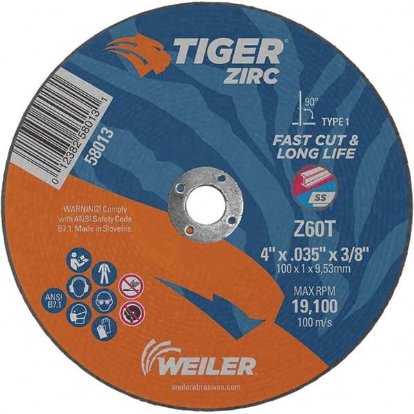 Weiler - 4 x 0.035, 3/8" Hole 60 Grit Zirconia Alumina Cutoff Wheel - Industrial Tool & Supply