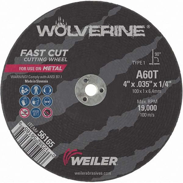 Weiler - 4 x 0.035, 1/4" Hole 60 Grit Aluminum Oxide Cutoff Wheel - Industrial Tool & Supply