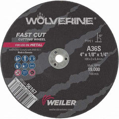 Weiler - 4 x 1/8, 1/4" Hole 36 Grit Aluminum Oxide Cutoff Wheel - Industrial Tool & Supply