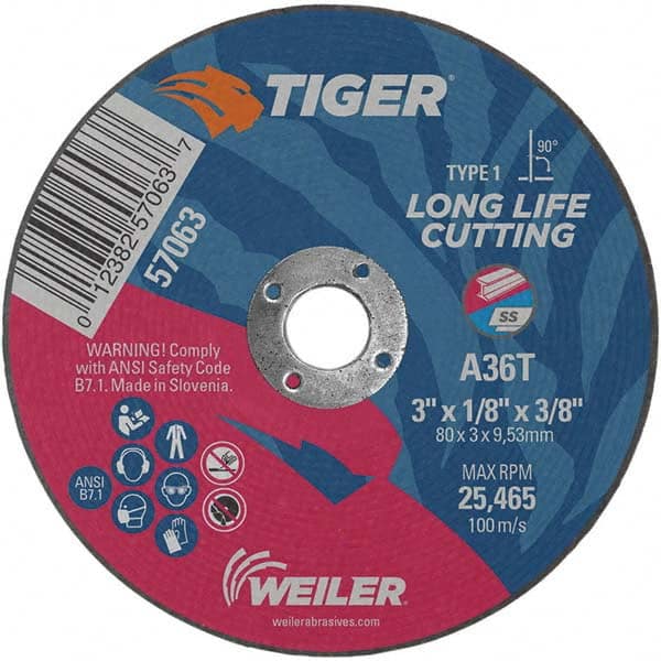 Weiler - 3 x 1/8, 3/8" Hole 36 Grit Aluminum Oxide Cutoff Wheel - Industrial Tool & Supply