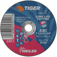 Weiler - 2 x 1/16, 3/8" Hole 36 Grit Aluminum Oxide Cutoff Wheel - Industrial Tool & Supply