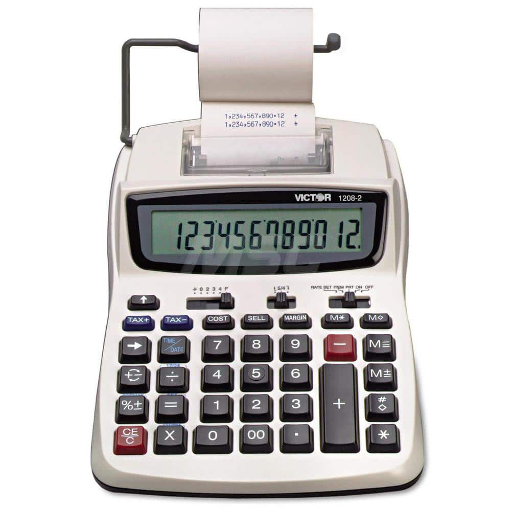 Victor - Calculators; Type: Printing Calculator ; Type of Power: AC/DC; 4 AA Batteries ; Display Type: 12-Digit LCD ; Color: White; Black; Red ; Display Size: 15mm ; Width (Decimal Inch): 7.5000 - Exact Industrial Supply