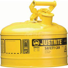 Justrite - Safety Dispensing Cans; Capacity: 2.5 Gal ; Material: Steel ; Color: Yellow ; Height (Decimal Inch): 11.500000 ; Diameter/Length (mm): 11.75 ; Approval Listing/Regulations: FM Approved; UL; ULC; TUV - Exact Industrial Supply