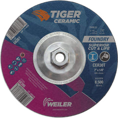 Depressed Center Wheel: Type 27, 7″ Dia, 1/8″ Thick, Ceramic Alumina 30 Grit, Resinoid, 8,500 Max RPM, Use with High Frequency Grinder, Right Angle Grinder & Air Grinder