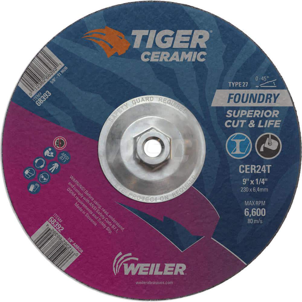 Depressed Center Wheel: Type 27, 9″ Dia, 1/4″ Thick, Ceramic Alumina 24 Grit, Resinoid, 6,650 Max RPM, Use with High Frequency Grinder, Right Angle Grinder & Air Grinder