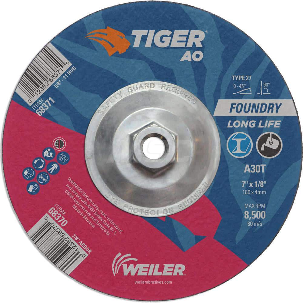 Depressed Center Wheel: Type 27, 7″ Dia, 1/8″ Thick, Aluminum Oxide 30 Grit, Resinoid, 8,500 Max RPM, Use with High Frequency Grinder, Right Angle Grinder & Air Grinder
