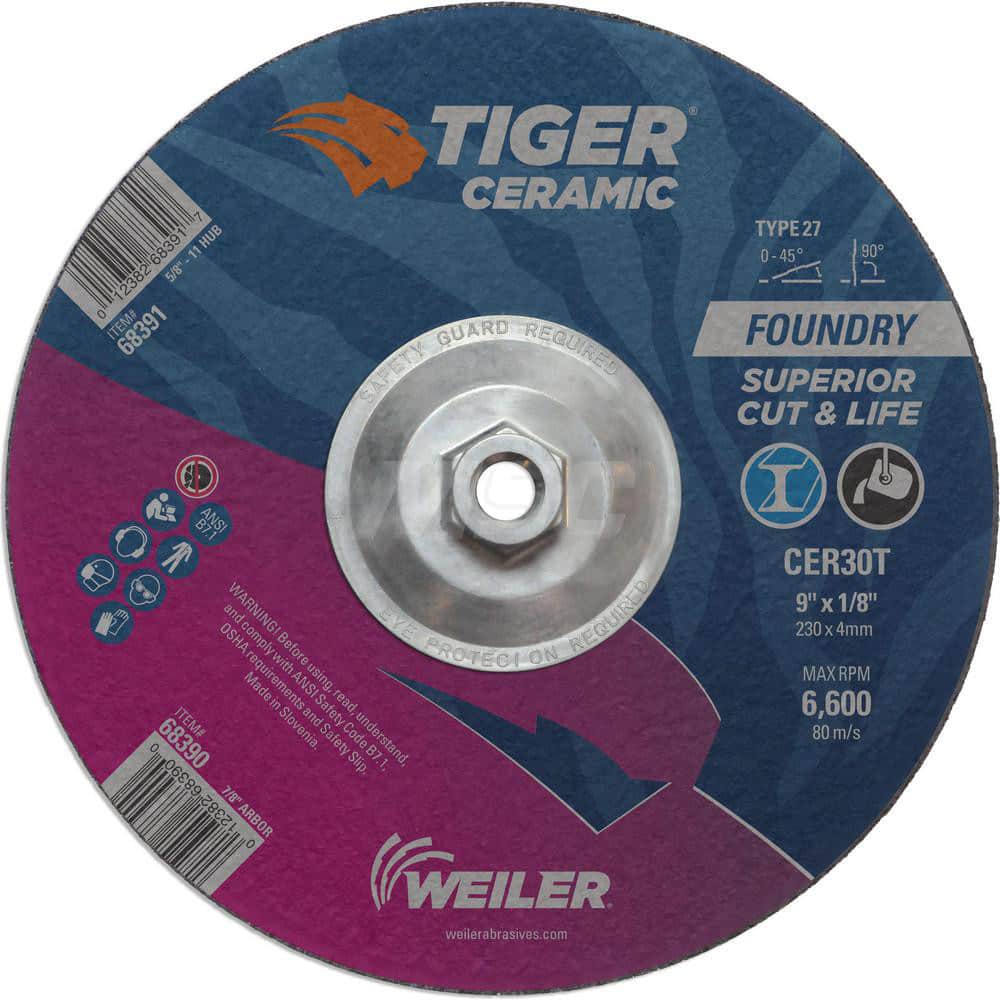 Depressed Center Wheel: Type 27, 9″ Dia, 1/8″ Thick, Ceramic Alumina 30 Grit, Resinoid, 6,650 Max RPM, Use with High Frequency Grinder, Right Angle Grinder & Air Grinder