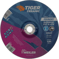 Depressed Center Wheel: Type 27, 9″ Dia, 1/4″ Thick, 7/8″ Hole, Ceramic Alumina 24 Grit, Resinoid, 6,650 Max RPM, Use with High Frequency Grinder, Right Angle Grinder & Air Grinder