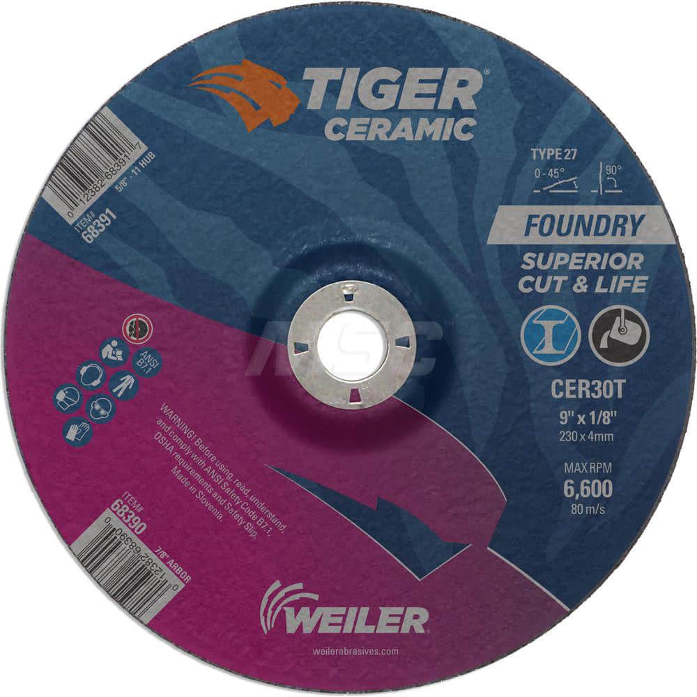 Depressed Center Wheel: Type 27, 9″ Dia, 1/8″ Thick, 7/8″ Hole, Ceramic Alumina 30 Grit, Resinoid, 6,650 Max RPM, Use with High Frequency Grinder, Right Angle Grinder & Air Grinder