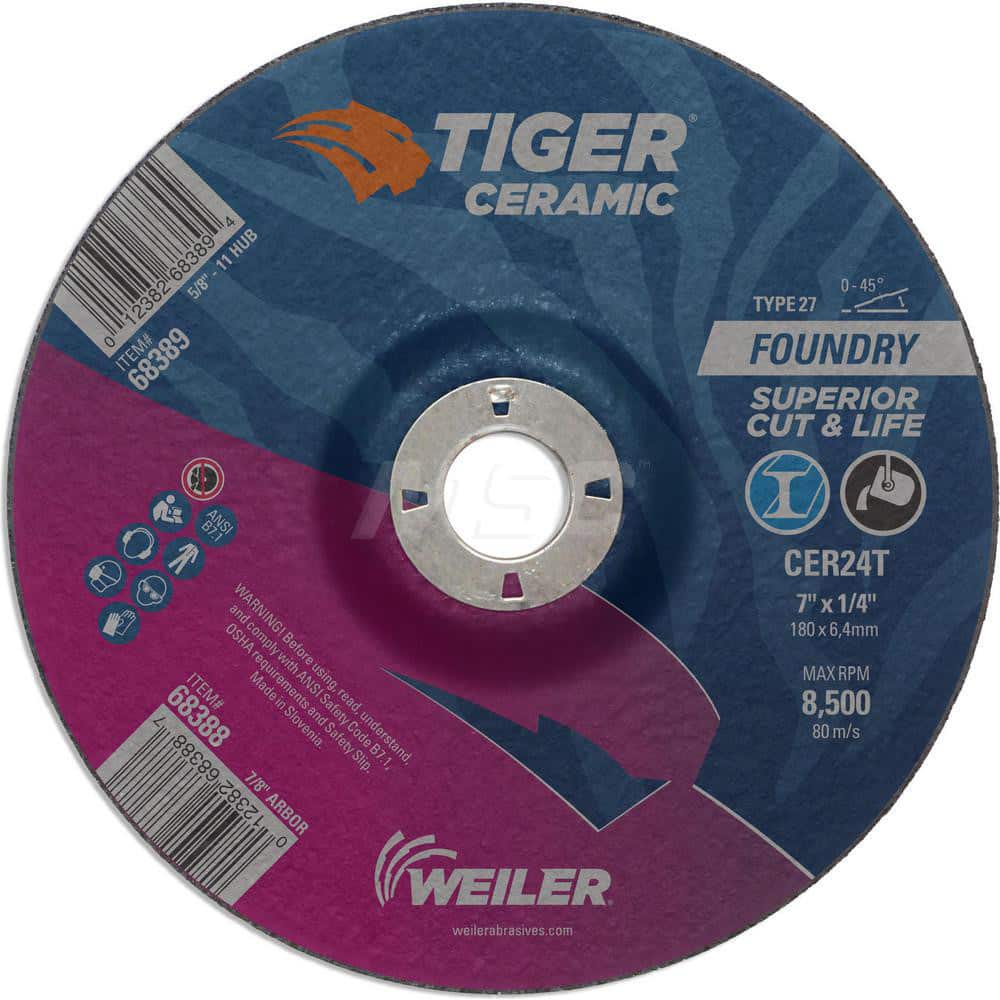 Depressed Center Wheel: Type 27, 7″ Dia, 1/4″ Thick, 7/8″ Hole, Ceramic Alumina 24 Grit, Resinoid, 8,500 Max RPM, Use with High Frequency Grinder, Right Angle Grinder & Air Grinder