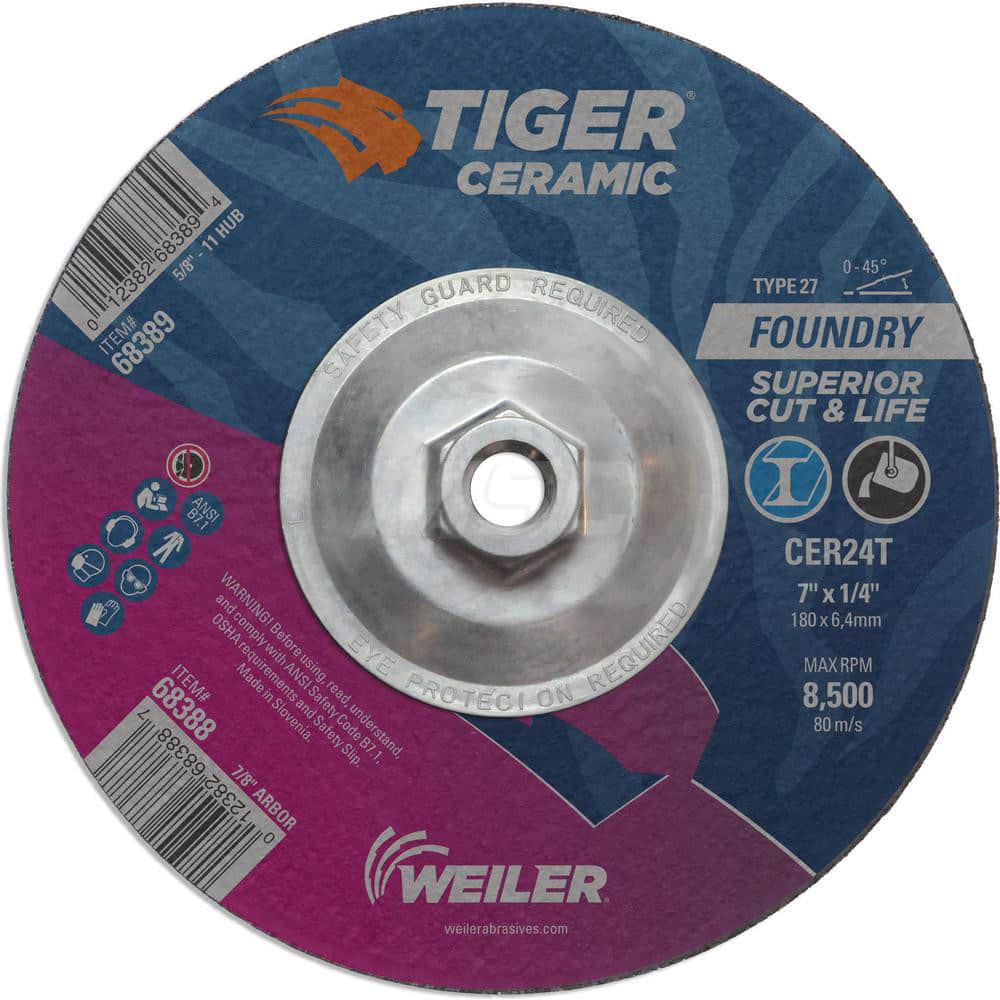 Depressed Center Wheel: Type 27, 7″ Dia, 1/4″ Thick, Ceramic Alumina 24 Grit, Resinoid, 8,500 Max RPM, Use with High Frequency Grinder, Right Angle Grinder & Air Grinder
