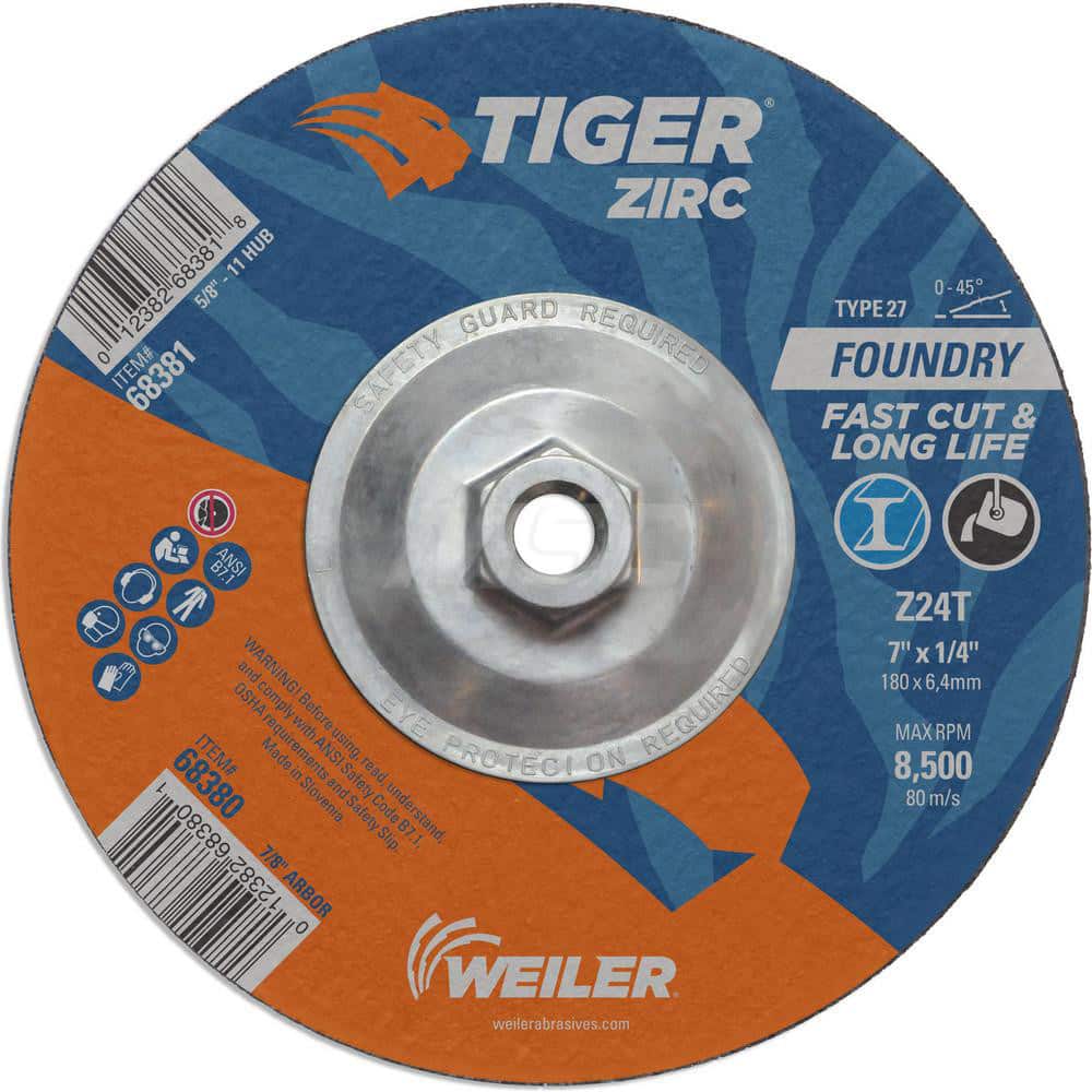 Depressed Center Wheel: Type 27, 7″ Dia, 1/4″ Thick, Zirconia Alumina 24 Grit, Resinoid, 8,500 Max RPM, Use with High Frequency Grinder, Right Angle Grinder & Air Grinder