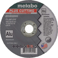 Cut-Off Wheel: Type 27, 4″ Dia, 5/8″ Hole, Aluminum 46 Grit, 19000 Max RPM
