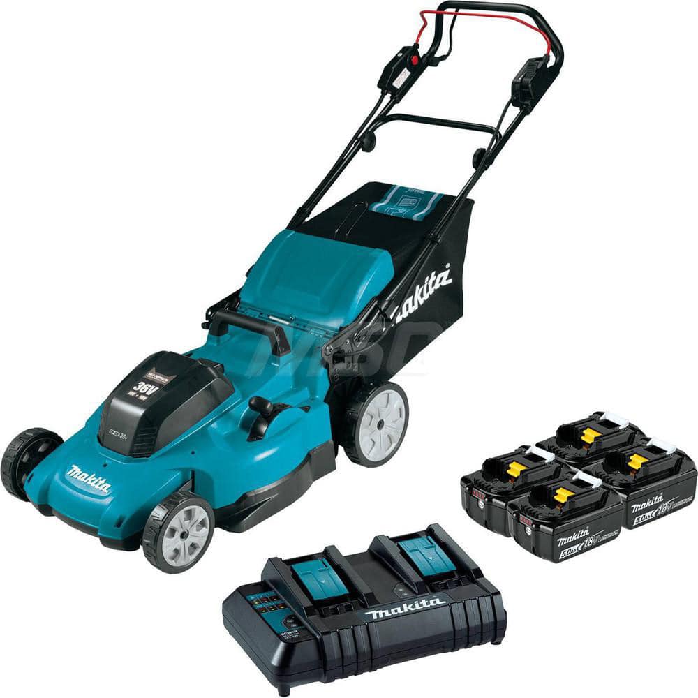 Lawn Mowers; Mower Type: Walk Behind; Power Type: Battery; Cutting Width (Inch): 21 in; Includes: (4) 18V LXT ™ Lithium-Ion 5.0Ah Battery (BL1850B), 18V LXT ™ Lithium-Ion Dual Port Charger (DC18SH), 21″ Lawn Mower Blade (191V96-5), Grass Catcher Bag (162A
