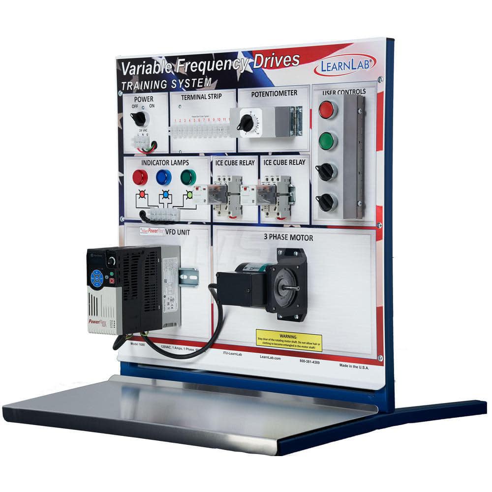 Motion Control & Power Transmission Training Systems; Type: Variable Frequency Drive; Includes: Ice Cube Control Relays; Three Phase Motor; Wye Wound Induction Motor; Rheostat Control (0-10V & 5-20MA); Industrial Stop-Start Controls; Industrial Panel Indi