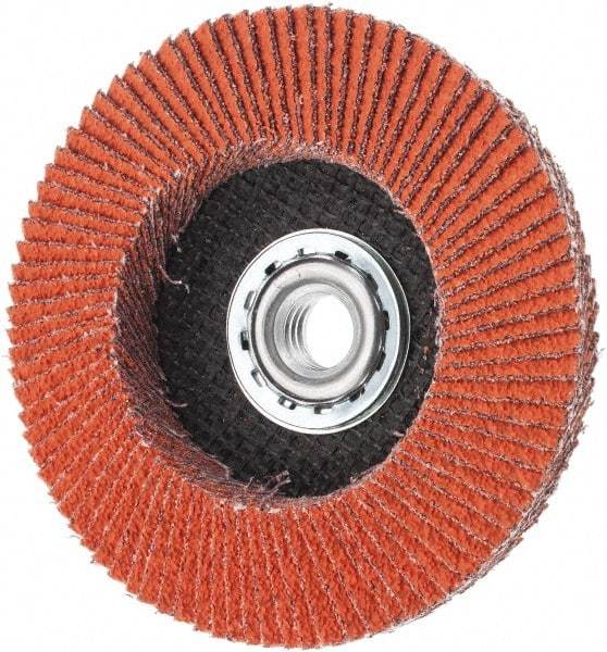 Norton - 40 Grit, 4-1/2" Disc Diam, 5/8-11 Center Hole, Type 27 Ceramic Alumina Flap Disc - 13,000 Max RPM, Cloth Backing, Arbor Attaching System, Coated - Industrial Tool & Supply