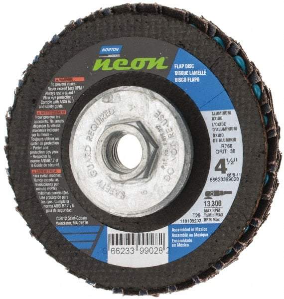 Norton - 36 Grit, 4-1/2" Disc Diam, 5/8-11 Center Hole, Type 29 Ceramic Alumina Flap Disc - 13,300 Max RPM, Polyester Backing, Arbor Attaching System, Coated - Industrial Tool & Supply
