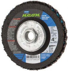Norton - 36 Grit, 4-1/2" Disc Diam, 5/8-11 Center Hole, Type 29 Ceramic Alumina Flap Disc - 13,300 Max RPM, Polyester Backing, Arbor Attaching System, Coated - Industrial Tool & Supply