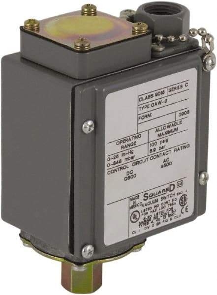 Square D - 4, 13 and 4X NEMA Rated, SPDT, 0.2 to 10 psi, Vacuum Switch Pressure and Level Switch - Adjustable Pressure, 120 VAC, 125 VDC, 240 VAC, 250 VDC, Screw Terminal - Industrial Tool & Supply