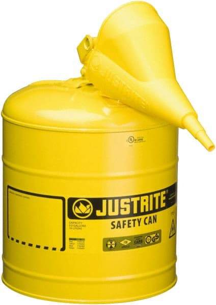 Justrite - 5 Gal Galvanized Steel Type I Safety Can - 16-7/8" High x 11-3/4" Diam, Yellow - Industrial Tool & Supply