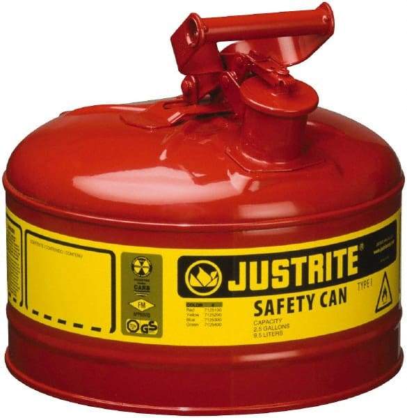 Justrite - 2.5 Gal Galvanized Steel Type I Safety Can - 11-1/2" High x 11-3/4" Diam, Red with Yellow - Industrial Tool & Supply