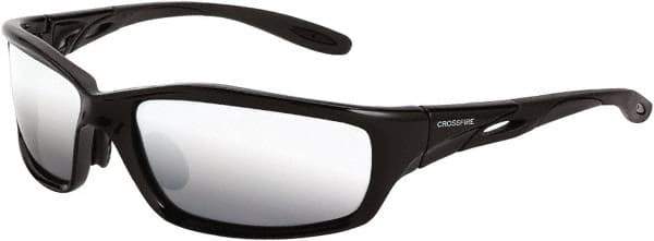 CrossFire - Silver Mirror Lenses, Framed Safety Glasses - Scratch Resistant, Black Frame, Size Universal, Wrap Around - Industrial Tool & Supply