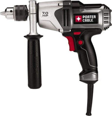 Porter-Cable - 1/2" Keyed Chuck, 800 RPM, Pistol Grip Handle Electric Drill - 7 Amps, 120 Volts, Reversible, Includes Side Handle & Chuck Key with Holder - Industrial Tool & Supply