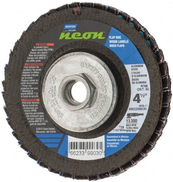 Norton - 60 Grit, 4-1/2" Disc Diam, 5/8-11 Center Hole, Type 29 Ceramic Alumina Flap Disc - 13,300 Max RPM, Polyester Backing, Arbor Attaching System, Coated - Industrial Tool & Supply