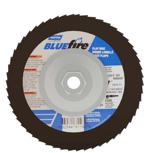 Norton - 80 Grit, 7" Disc Diam, 5/8-11 Center Hole, Type 29 Zirconia Alumina Flap Disc - 8,600 Max RPM, Cloth Backing, Arbor Attaching System, Coated - Industrial Tool & Supply
