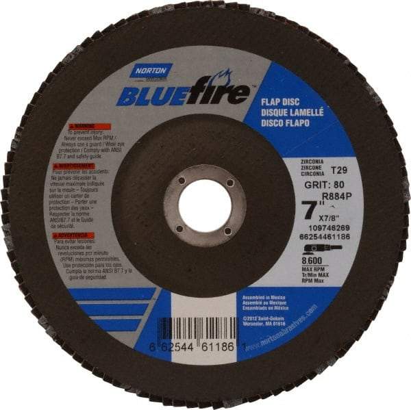 Norton - 80 Grit, 7" Disc Diam, 7/8" Center Hole, Type 29 Zirconia Alumina Flap Disc - 8,600 Max RPM, Cloth Backing, Arbor Attaching System, Coated - Industrial Tool & Supply
