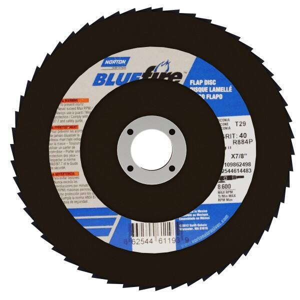 Norton - 40 Grit, 7" Disc Diam, 7/8" Center Hole, Type 29 Zirconia Alumina Flap Disc - 8,600 Max RPM, Cloth Backing, Arbor Attaching System, Coated - Industrial Tool & Supply