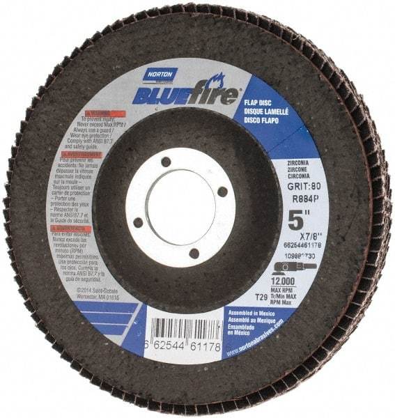 Norton - 80 Grit, 5" Disc Diam, 7/8" Center Hole, Type 29 Zirconia Alumina Flap Disc - 12,000 Max RPM, Cloth Backing, Arbor Attaching System, Coated - Industrial Tool & Supply