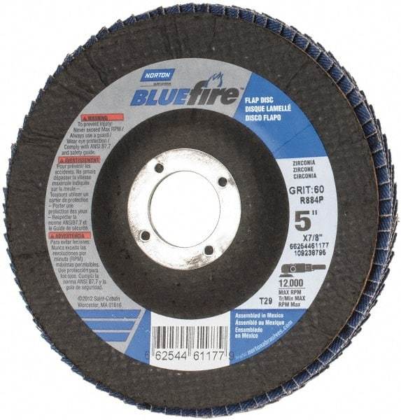 Norton - 60 Grit, 5" Disc Diam, 7/8" Center Hole, Type 29 Zirconia Alumina Flap Disc - 12,000 Max RPM, Cloth Backing, Arbor Attaching System, Coated - Industrial Tool & Supply