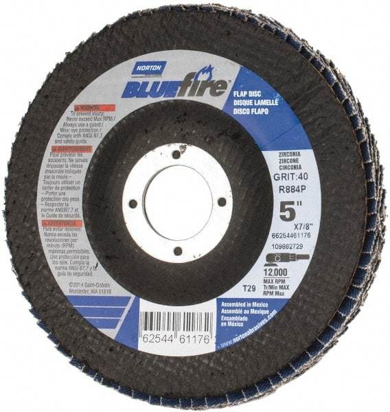 Norton - 40 Grit, 5" Disc Diam, 7/8" Center Hole, Type 29 Zirconia Alumina Flap Disc - 12,000 Max RPM, Cloth Backing, Arbor Attaching System, Coated - Industrial Tool & Supply