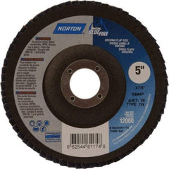Norton - 36 Grit, 5" Disc Diam, 7/8" Center Hole, Type 29 Zirconia Alumina Flap Disc - 12,000 Max RPM, Cloth Backing, Arbor Attaching System, Coated - Industrial Tool & Supply