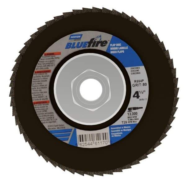 Norton - 80 Grit, 4-1/2" Disc Diam, 5/8-11 Center Hole, Type 29 Zirconia Alumina Flap Disc - 13,300 Max RPM, Cloth Backing, Arbor Attaching System, Coated - Industrial Tool & Supply