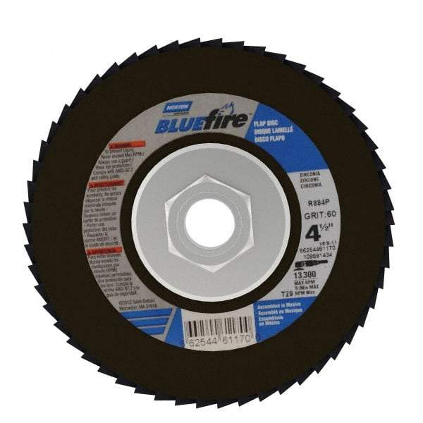 Norton - 60 Grit, 4-1/2" Disc Diam, 5/8-11 Center Hole, Type 29 Zirconia Alumina Flap Disc - 13,300 Max RPM, Cloth Backing, Arbor Attaching System, Coated - Industrial Tool & Supply