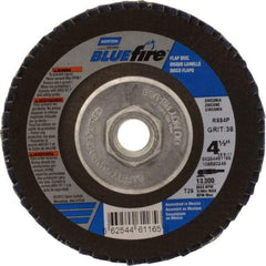 Norton - 36 Grit, 4-1/2" Disc Diam, 5/8-11 Center Hole, Type 29 Zirconia Alumina Flap Disc - 13,300 Max RPM, Cloth Backing, Arbor Attaching System, Coated - Industrial Tool & Supply