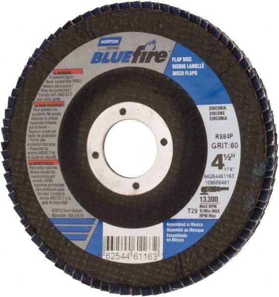 Norton - 60 Grit, 4-1/2" Disc Diam, 7/8" Center Hole, Type 29 Zirconia Alumina Flap Disc - 13,300 Max RPM, Cloth Backing, Arbor Attaching System, Coated - Industrial Tool & Supply