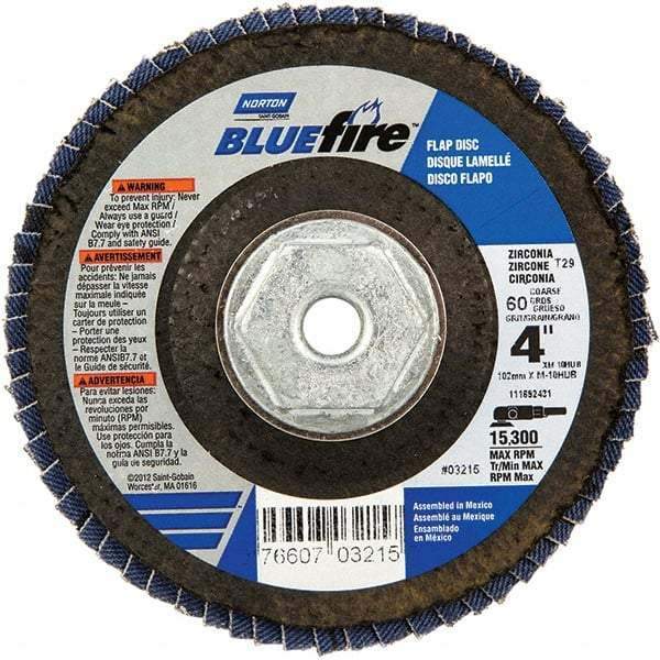 Norton - 60 Grit, 4" Disc Diam, 5/8-11 Center Hole, Type 29 Zirconia Alumina Flap Disc - 15,300 Max RPM, Cloth Backing, Arbor Attaching System, Coated - Industrial Tool & Supply
