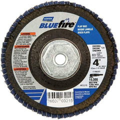 Norton - 60 Grit, 4" Disc Diam, 5/8-11 Center Hole, Type 29 Zirconia Alumina Flap Disc - 15,300 Max RPM, Cloth Backing, Arbor Attaching System, Coated - Industrial Tool & Supply