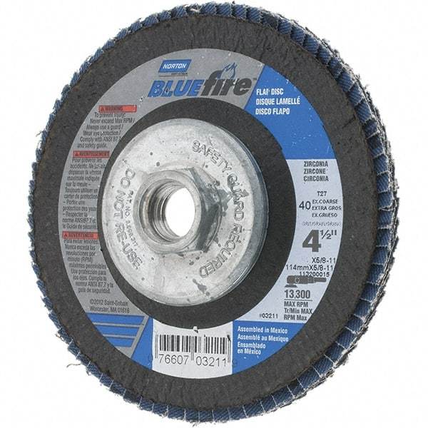 Norton - 40 Grit, 4-1/2" Disc Diam, 5/8-11 Center Hole, Type 29 Zirconia Alumina Flap Disc - 13,300 Max RPM, Cloth Backing, Arbor Attaching System, Coated - Industrial Tool & Supply