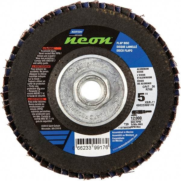 Norton - 80 Grit, 5" Disc Diam, 5/8-11 Center Hole, Type 29 Ceramic Alumina Flap Disc - 12,000 Max RPM, Polyester Backing, Arbor Attaching System, Coated - Industrial Tool & Supply