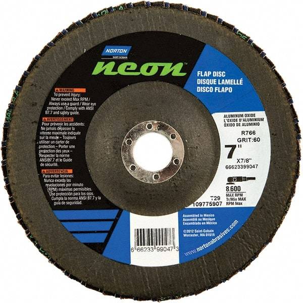 Norton - 40 Grit, 7" Disc Diam, 7/8" Center Hole, Type 29 Ceramic Alumina Flap Disc - 8,600 Max RPM, Polyester Backing, Arbor Attaching System, Coated - Industrial Tool & Supply