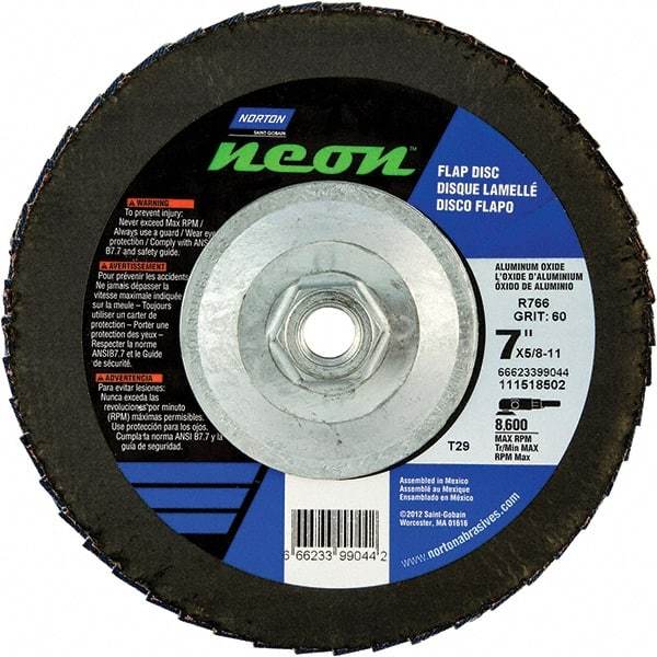 Norton - 40 Grit, 7" Disc Diam, 5/8-11 Center Hole, Type 29 Ceramic Alumina Flap Disc - 8,600 Max RPM, Polyester Backing, Arbor Attaching System, Coated - Industrial Tool & Supply